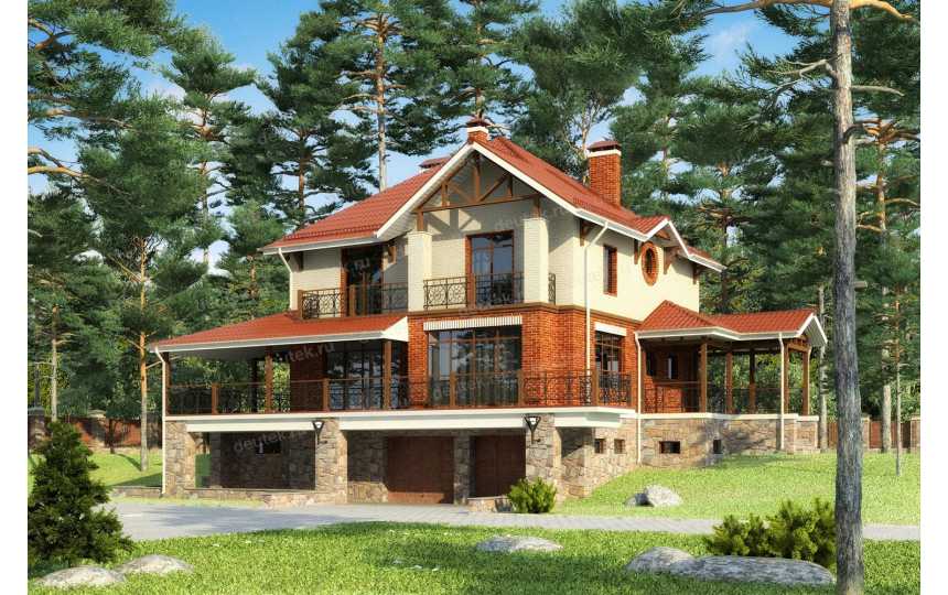 Проект четырехэтажного дома из кирпича в европейском стиле с цоколем и мансардой KVR-45