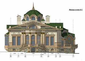 Проект узкой двухэтажной бани из кирпича в стиле барокко с цокольным этажом и бассейном, с размерами 21 м на 27 м AG-4