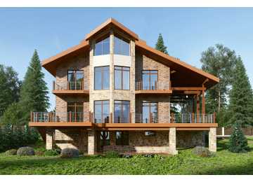 Проект трехэтажного дома из кирпича в европейском стиле с цоколем и мансардой KVR-32
