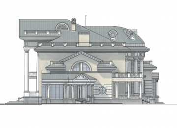 Проект узкого двухэтажного дома из кирпича в классическом стиле с трехместным гаражом и бассейном, с размерами 32 м на 22 м EV-10