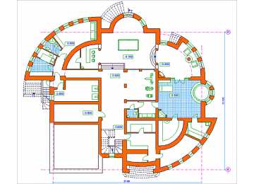 Проект трехэтажного дома с цокольным этажом и двухместным гаражом, с размерами 23 м на 21 м и площадью до 1400 кв м EV-19