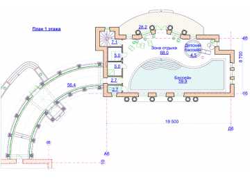Проект узкого одноэтажного бассейна из кирпича в стиле барокко с эркерами, с площадью до 200 кв м  PA-67