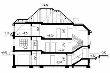 Проект двухэтажного дома из керамических блоков с террасой, мансардой, гаражом, подвалом, камином, кабинетом и саунойтрёх DTN100008