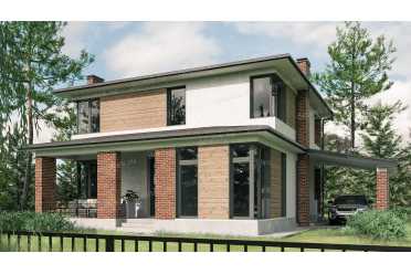 Проект двухэтажного дома из газобетонных блоков с навесом DTV100280