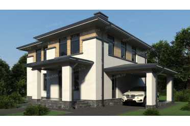 Проект двухэтажного дома из газобетонных блоков с навесом DTV100290