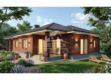 Проект узкого одноэтажного дома с навесом для автомобиля - LK-376